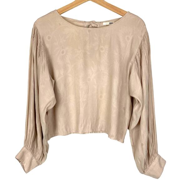 Amuse Society Cropped Jacquard Blouson Sleeve Blouse Dusty Pink Women's Small - Picture 1 of 5